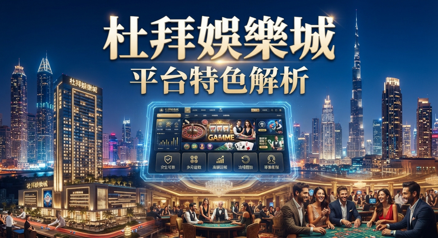 這是一張以杜拜夜景與奢華賭場為背景的宣傳圖。 畫面正上方醒目地展示著「杜拜娛樂城平台特色解析」的繁體中文標題。