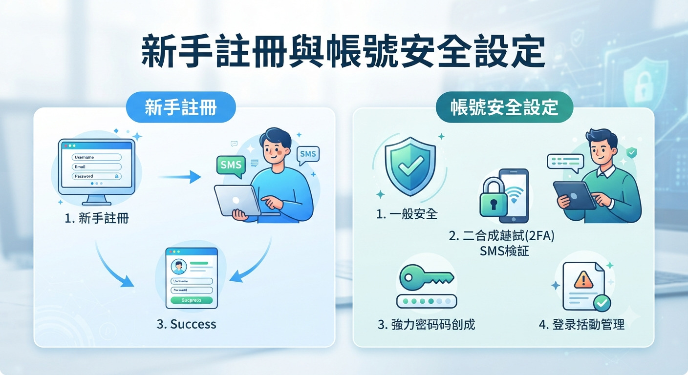 圖片上方醒目地顯示了「新手註冊與帳號安全設定」的主標題。 畫面下方分為左右兩個區塊,分別以圖解展示新手的註冊流程與帳號安全設定的相關指引。