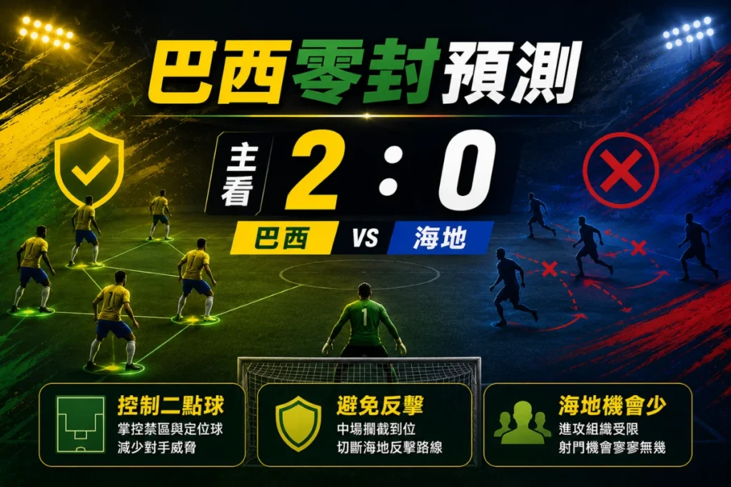 巴西對海地零封預測，巴西若控制二點球與反擊風險，有望 2 比 0 取勝。