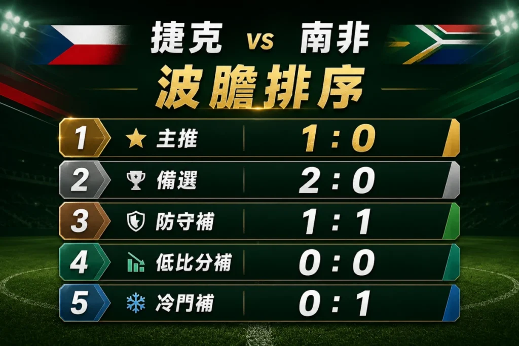 捷克 vs 南非波膽排序，整理捷克 1 比 0 主推與 2 比 0 備選方向。