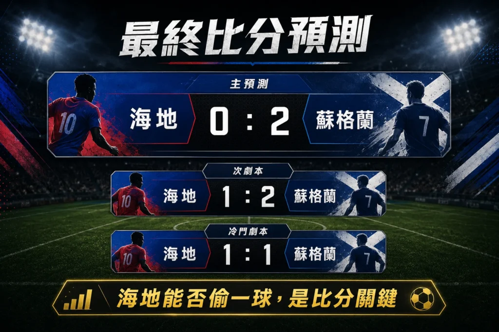 海地對蘇格蘭最終比分預測，整理 0 比 2、1 比 2 與 1 比 1 冷門劇本。