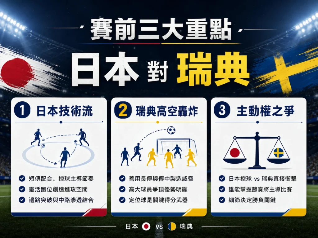 日本對瑞典賽前三大重點,日本技術流、瑞典高空球與主動權之爭。