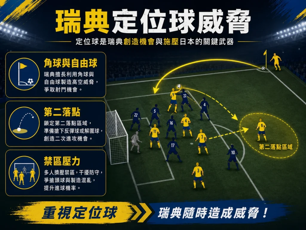 瑞典定位球威脅,角球、自由球與第二落點是進攻關鍵。