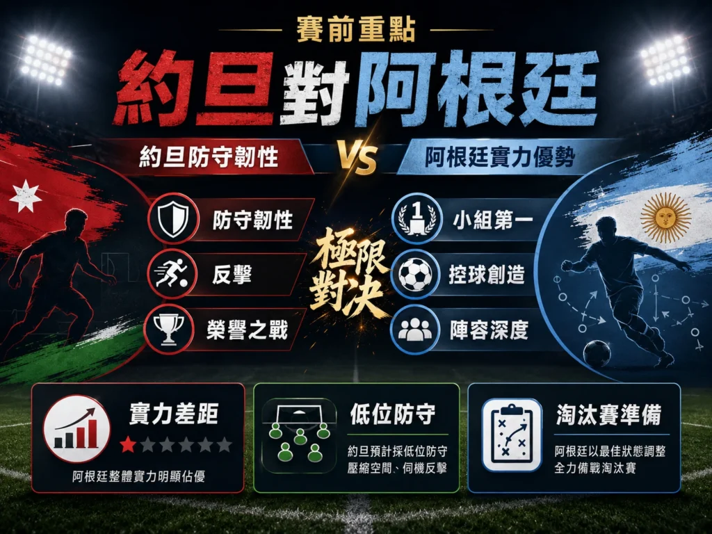 約旦對阿根廷賽前重點,整理約旦防守韌性、反擊策略與阿根廷控球創造和陣容深度優勢。