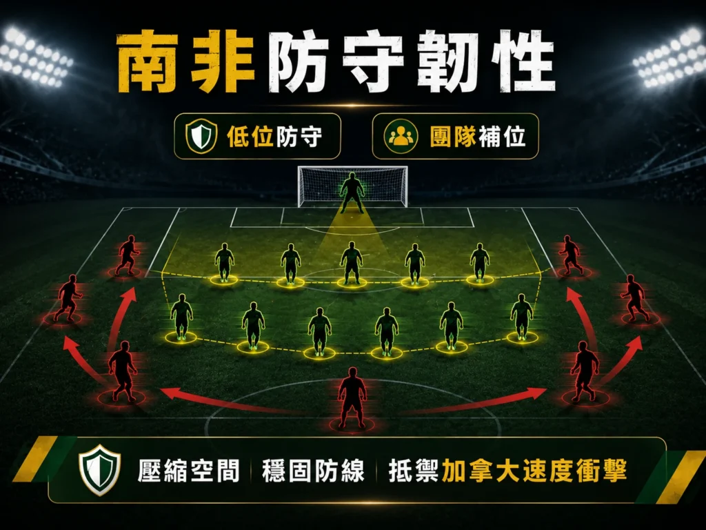南非防守韌性分析,以低位防守與團隊補位抵禦加拿大速度衝擊。
