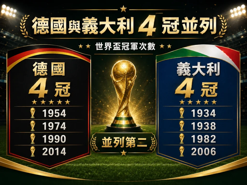 德國與義大利世界盃冠軍次數各 4 次,並列世界盃冠軍排名第二。
