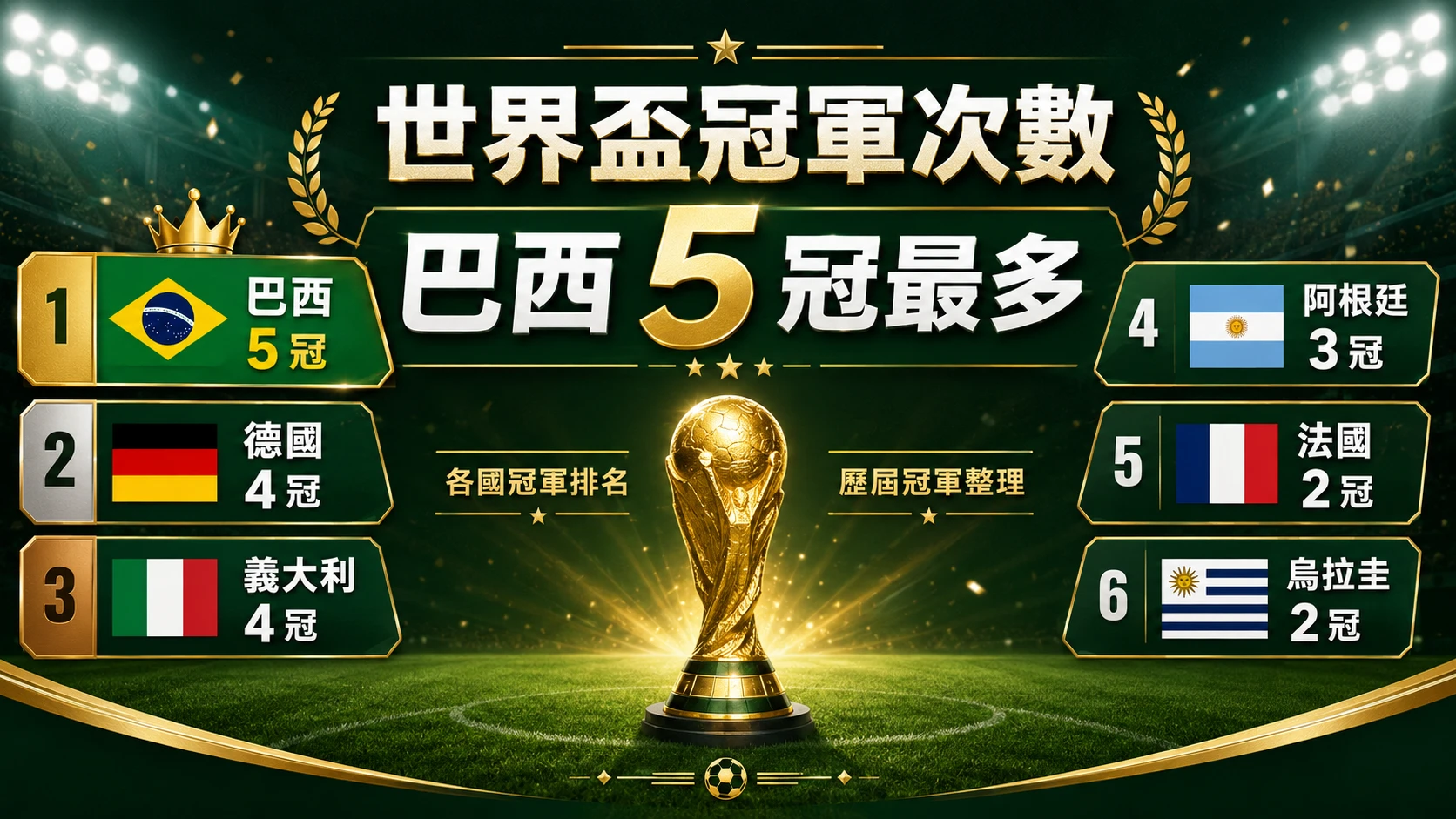 世界盃冠軍次數排名,整理巴西、德國、義大利、阿根廷等各國奪冠紀錄。