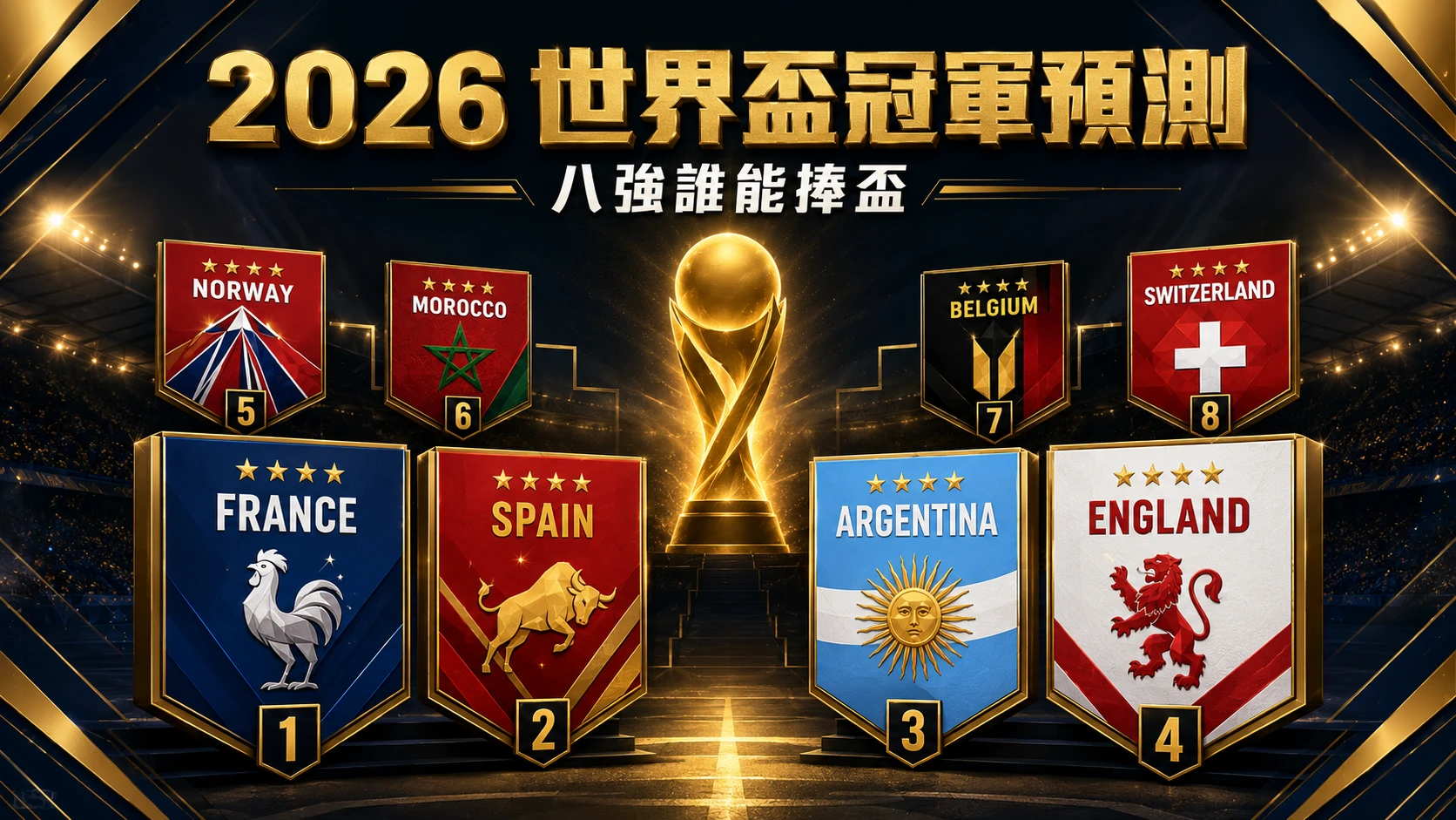 2026世界盃冠軍預測精選圖，整理8強球隊奪冠熱門排行與爭冠形勢。