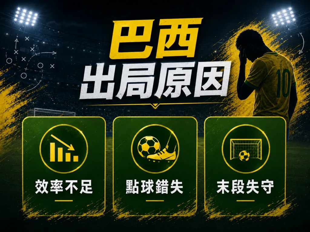 巴西出局原因圖,整理進攻效率不足、點球錯失與末段防守失守。