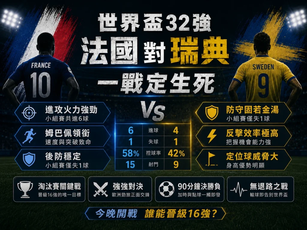法國對瑞典32強淘汰賽，一戰定生死的賽前對決重點。