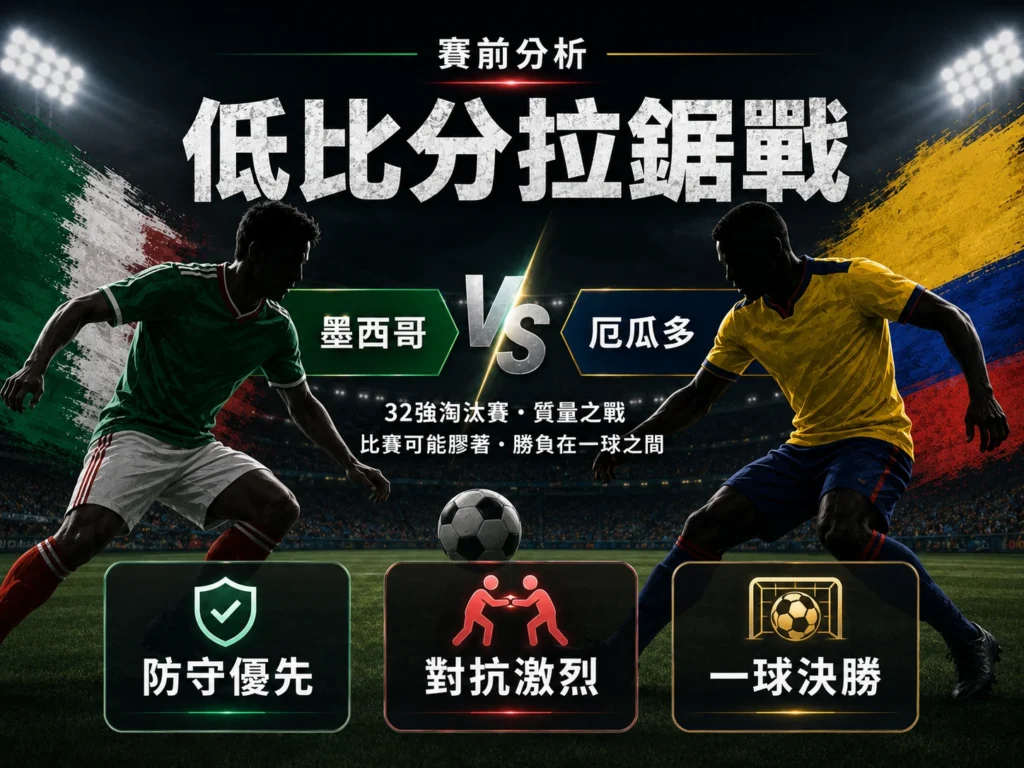 墨西哥對厄瓜多低比分拉鋸戰,防守優先、對抗激烈且勝負可能在一球之間。